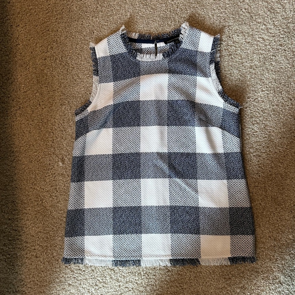 Banana Republic Navy White Plaid Sleeveless Blouse XS. Tweed and fringe.